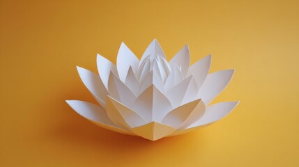 White origami lotus with radiant folds on golden yellow background, perfect for luxury interior accents Image 4K UHD
