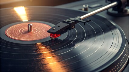 Vinyl Groove: A classic turntable spins a vinyl record, the needle tracing the grooves, capturing the analog warmth and nostalgia of music history.