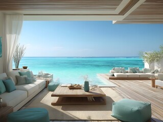 Obraz premium Discover Luxury at a Turquoise Beachfront Villa Featuring Open-Air Panoramic Views Over Azure Ocean Horizon