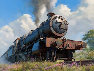 Naklejka premium Experience Nostalgia with a Vintage Steam Locomotive Steaming in a Dramatic Low-Angle Shot Today Now