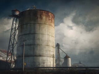 Obraz premium Uncover the Majestic Industrial Concrete Silo Tower Captured in a Dramatic Side Angle Photo Composition