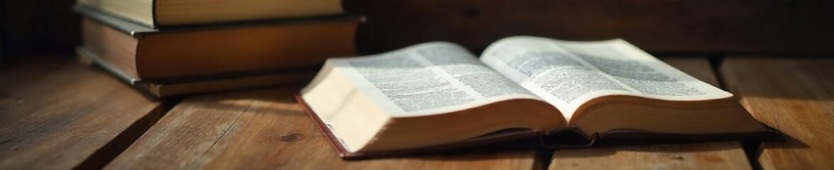 Open Bible laying on a wooden table next to a stack of Christian books, soft lighting, peaceful scene Perfect for faith, spirituality, and religious themes , learning, reading