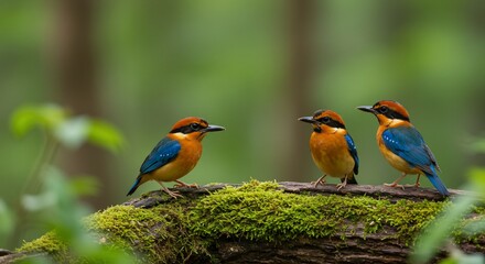 緑深き森 鮮やか翡翠 三羽 静かに佇む