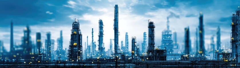 Obraz premium Refinery silhouette drive petroleum supply and global forecast concept. A panoramic view of an industrial skyline at dusk.