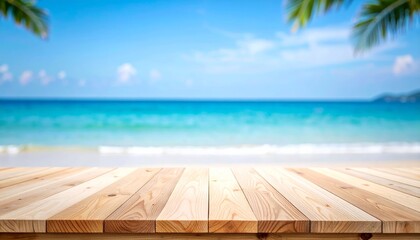 Fototapeta premium Empty wooden table on a beautiful tropical beach with a wooden floor under the summer sun, overlooking the blue sea and sky horizon