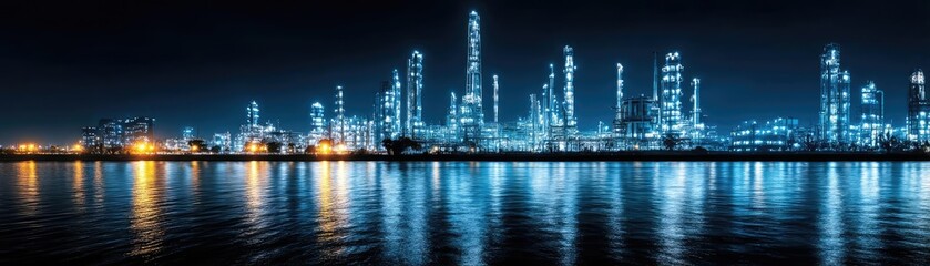 Refinery silhouette drive petroleum supply and global forecast concept. Stunning city skyline at night with shimmering reflections.