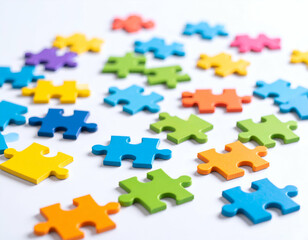 Obraz premium Colorful Puzzle Pieces A Close-Up View of Scattered Jigsaw Puzzle Pieces
