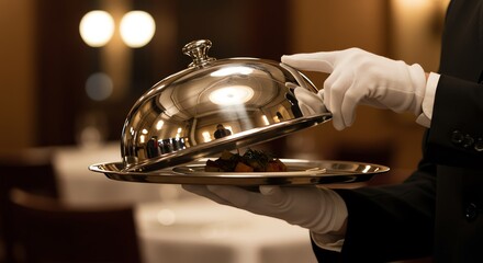 Waiter Uncovering Plated Food in Restaurant