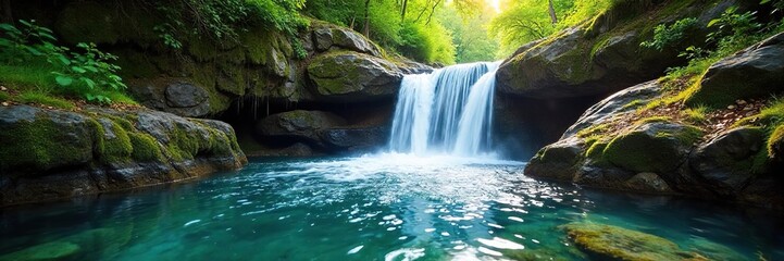 Crystal clear water cascades over mossy rocks in a breathtaking waterfall, sunlight dappling the surface Perfect for nature, travel, and environmental themes , wilderness, wallpaper