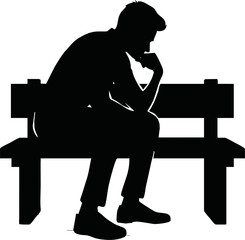 Silhouette of a person sitting and thinking on a bench with hand on chin.vector on white backlground