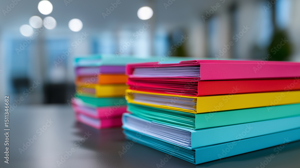 Poster stacks of colorful office folders arranged on a table in a modern workspace with blurred background.