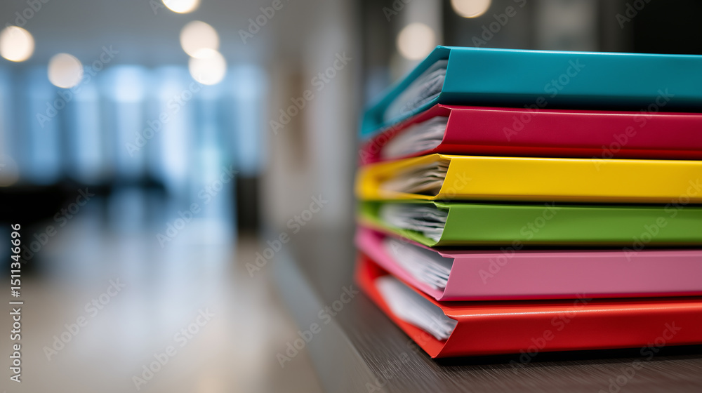 Poster close-up of colorful plastic document folders neatly arranged on a shelf in an office or school envi