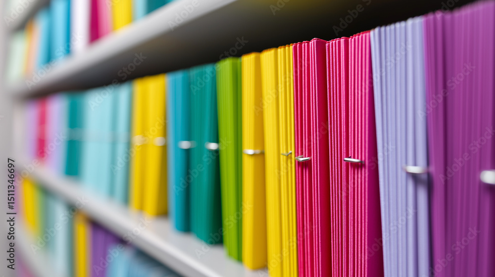 Poster close-up of colorful plastic document folders neatly arranged on a shelf in an office or school envi