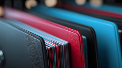 Close-up of red and blue office folders neatly organized in a professional workspace with warm lighting.
