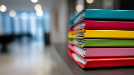 Close-up of colorful plastic document folders neatly arranged on a shelf in an office or school environment.

