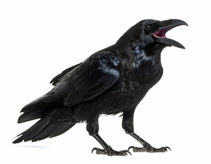 Majestic Raven Glossy Black Feathers, Open Beak, Isolated on White