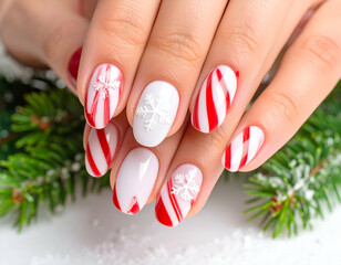 Festive Holiday Nail Art Candy Cane and Snowflake Designs