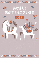 Fototapeta premium 2026年 午年年賀状イラスト（馬の親子と華やかなお正月)