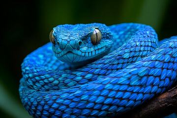 Fototapeta premium Vibrant blue venomous snake with intricate scales.