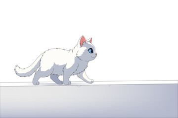 Cute fluffy white fat cat with blue eyes walking leisurely on the wall, vector cartoon illustration.