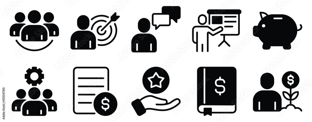 Aufkleber organisation icon set solid style collection representing structure coordination and management proc