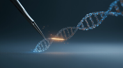 A surgical scalpel hovers over a glowing DNA strand made up of tiny luminous particles - Generative AI 