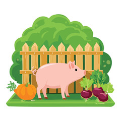 Pink Pig in Vegetable Garden