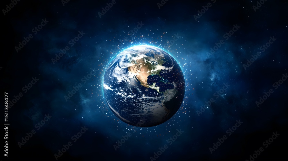 Poster the image shows a digitally enhanced view of planet earth from space, surrounded by a glowing aura o