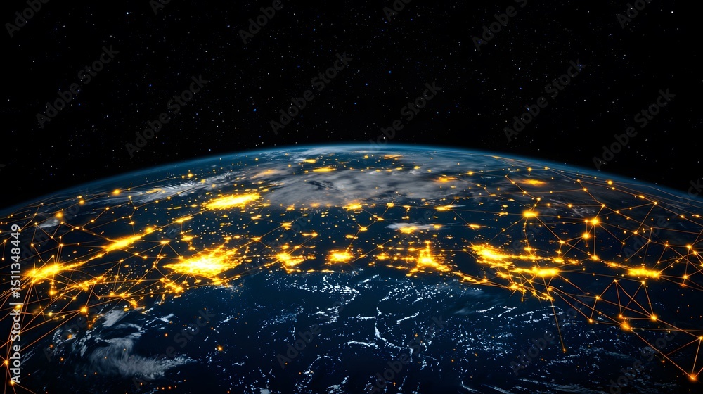 Poster the image shows a nighttime view of earth from space, with city lights illuminating the planet's sur