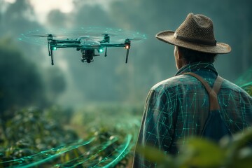 Future farmer portrait blended with agri-tech drone routes on green background, smart farming