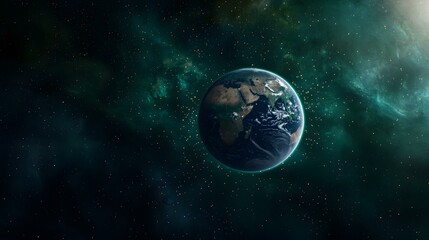 Naklejka premium The image shows Earth from space, set against a backdrop of a dark, teal nebula speckled with stars.A medium description sentence: A vibrant teal nebula swirls around a detailed Earth, its continent