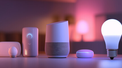 Collection of smart home devices including a voice assistant, smart bulb, and sensors on a table in ambient lighting.
