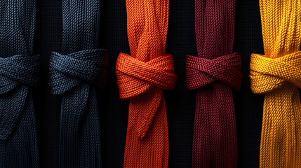 Colorful Martial Arts Belts Tied in Knots Close Up Texture Background