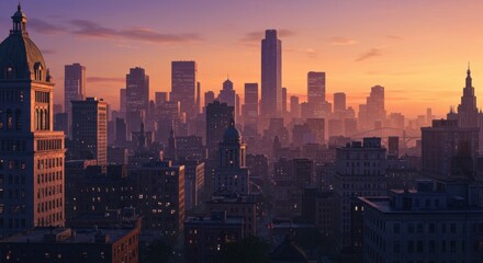 Fototapeta premium Cityscape Skyline View at Sunset with Buildings and Towers