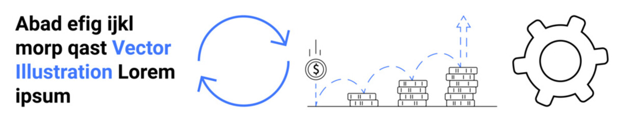Rotating arrows, coin drop, increasing bar graphs, and gear convey concepts of growth, progress, and optimization. Ideal for finance, business, strategy innovation investments economy simple