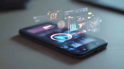 Modern smartphone displaying holographic data and futuristic interface elements on a sleek surface.
