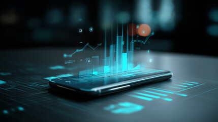 Modern smartphone displaying holographic data and futuristic interface elements on a sleek surface.
