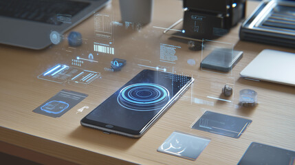 Modern smartphone displaying holographic data and futuristic interface elements on a sleek surface.
