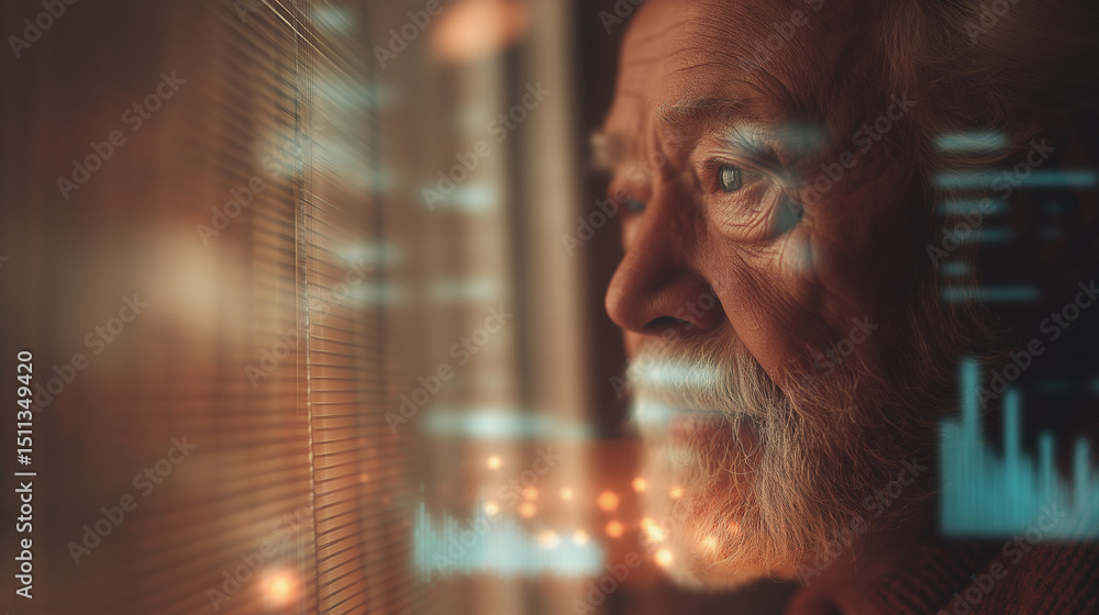 Poster elderly man closely examining a futuristic transparent digital interface with glowing data elements.