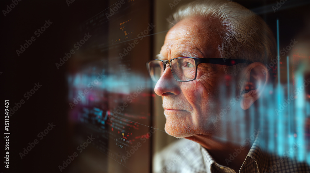 Poster elderly man closely examining a futuristic transparent digital interface with glowing data elements.