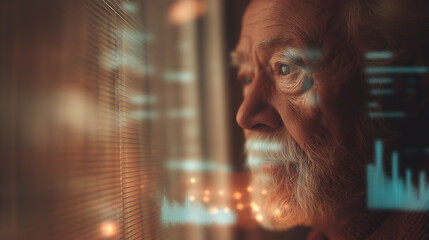 Elderly man closely examining a futuristic transparent digital interface with glowing data elements.
