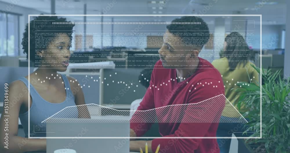 Poster coworkers reviewing laptop input initiating animated code and graph overlays in business office