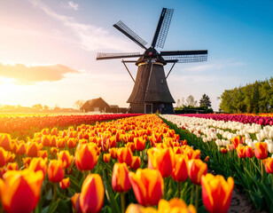 Naklejka premium Classic Dutch Windmill in a Vibrant Tulip Field at Sunrise