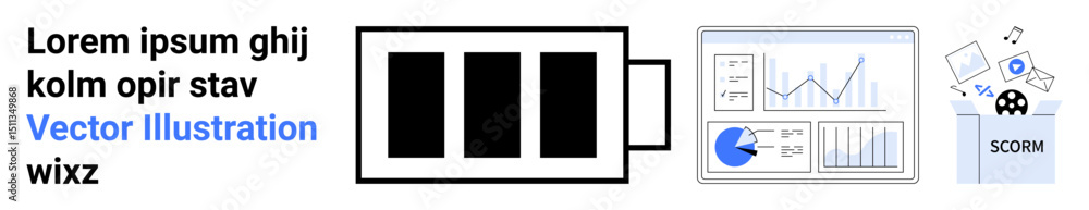 Aufkleber battery level, data dashboard with bar and pie charts, scorm symbol for elearning. ideal for technol
