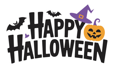  Happy Halloween Typography with Bats and Pumpkin, Typography Happy Halloween vector and Halloween elements with white background
