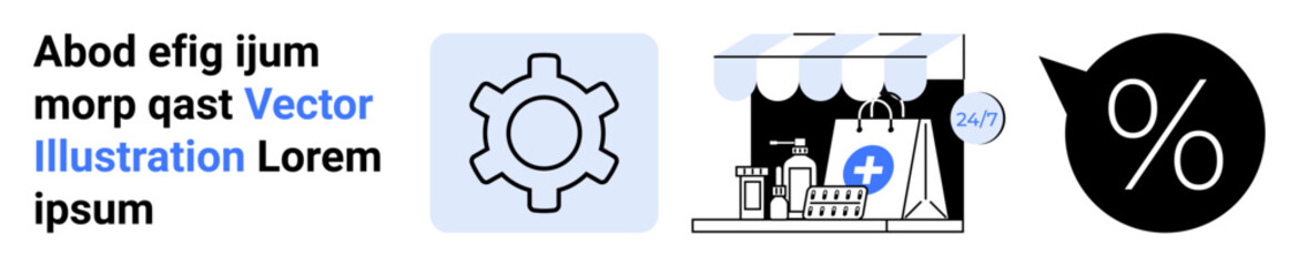 Gear icon, storefront with shopping bag and medical cross, and percentage discount bubble highlight e-commerce. Ideal for retail, healthcare, marketing, technology, automation, sales simple landing