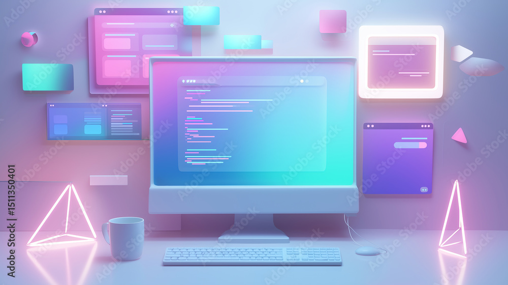 Poster futuristic workspace with glowing computer screen and holographic ui elements in pastel neon colors.