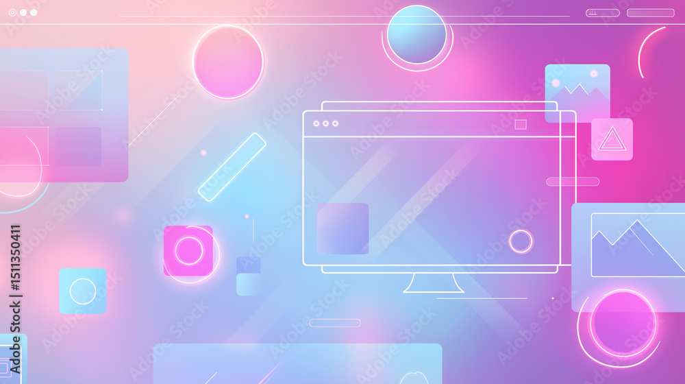 Poster futuristic workspace with glowing computer screen and holographic ui elements in pastel neon colors.