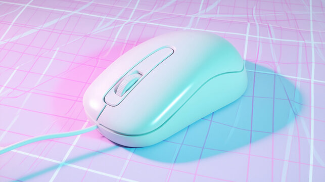 Wired computer mouse on a neon grid background with pink and blue lighting.
