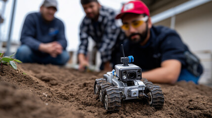 Engineers testing a small agricultural robot on soil in an outdoor field environment.
